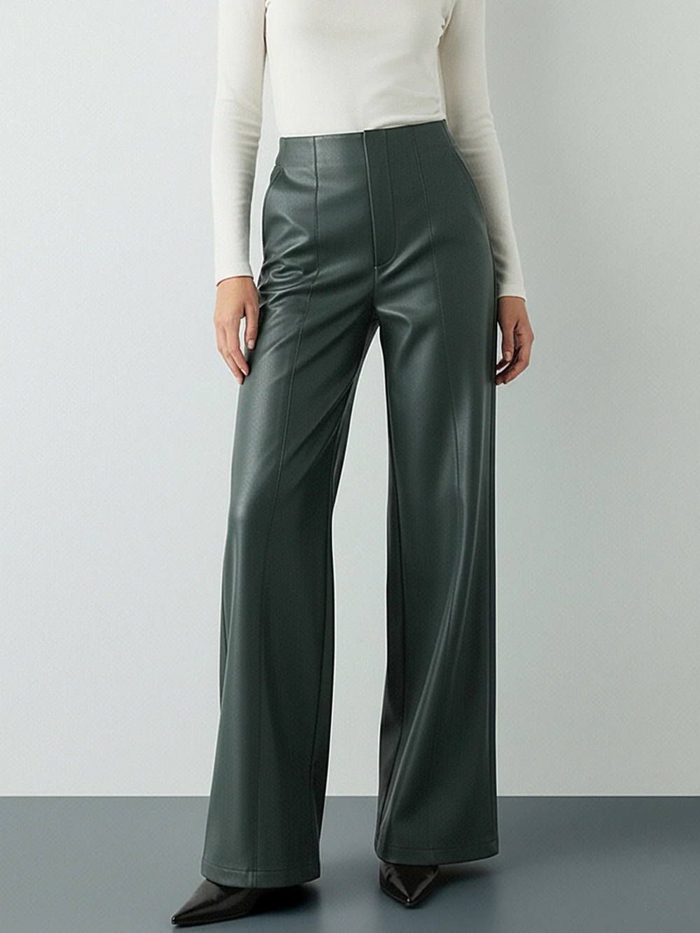 Commense High-Waist PU Faux Leather Wide-Leg Pants, green, size medium, NWT